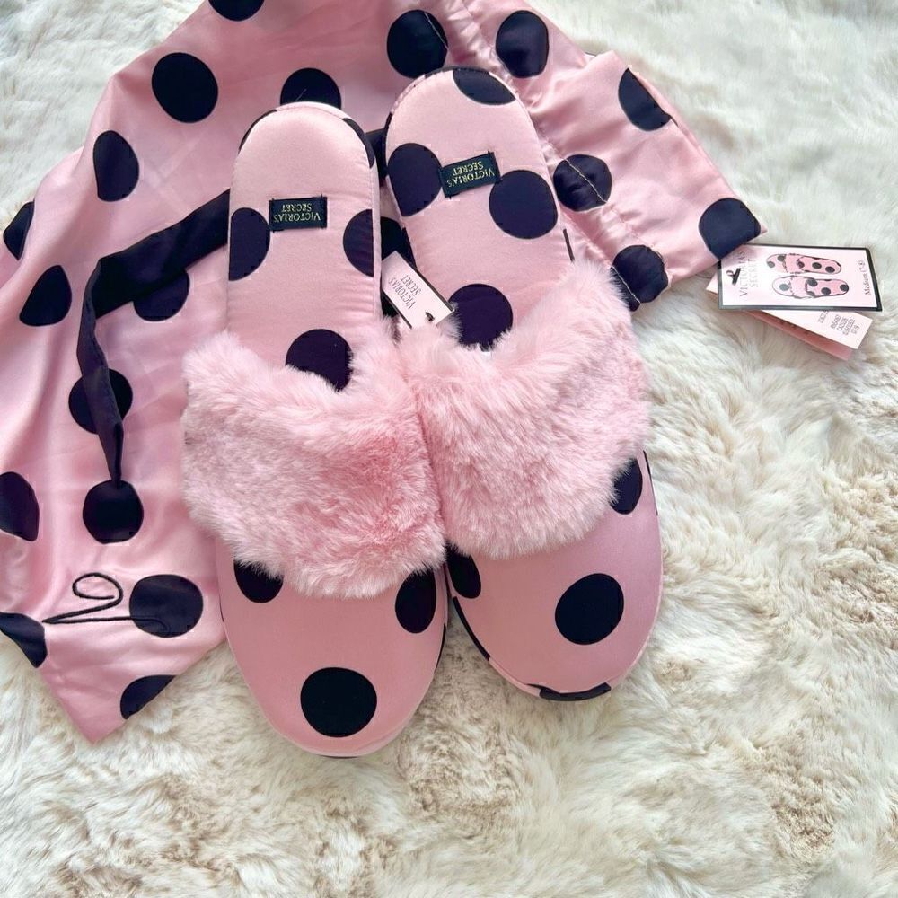 NWT Victoria’s Secret Polkadot Satin Slippers Black Pink Faux Fur size M (7-8)